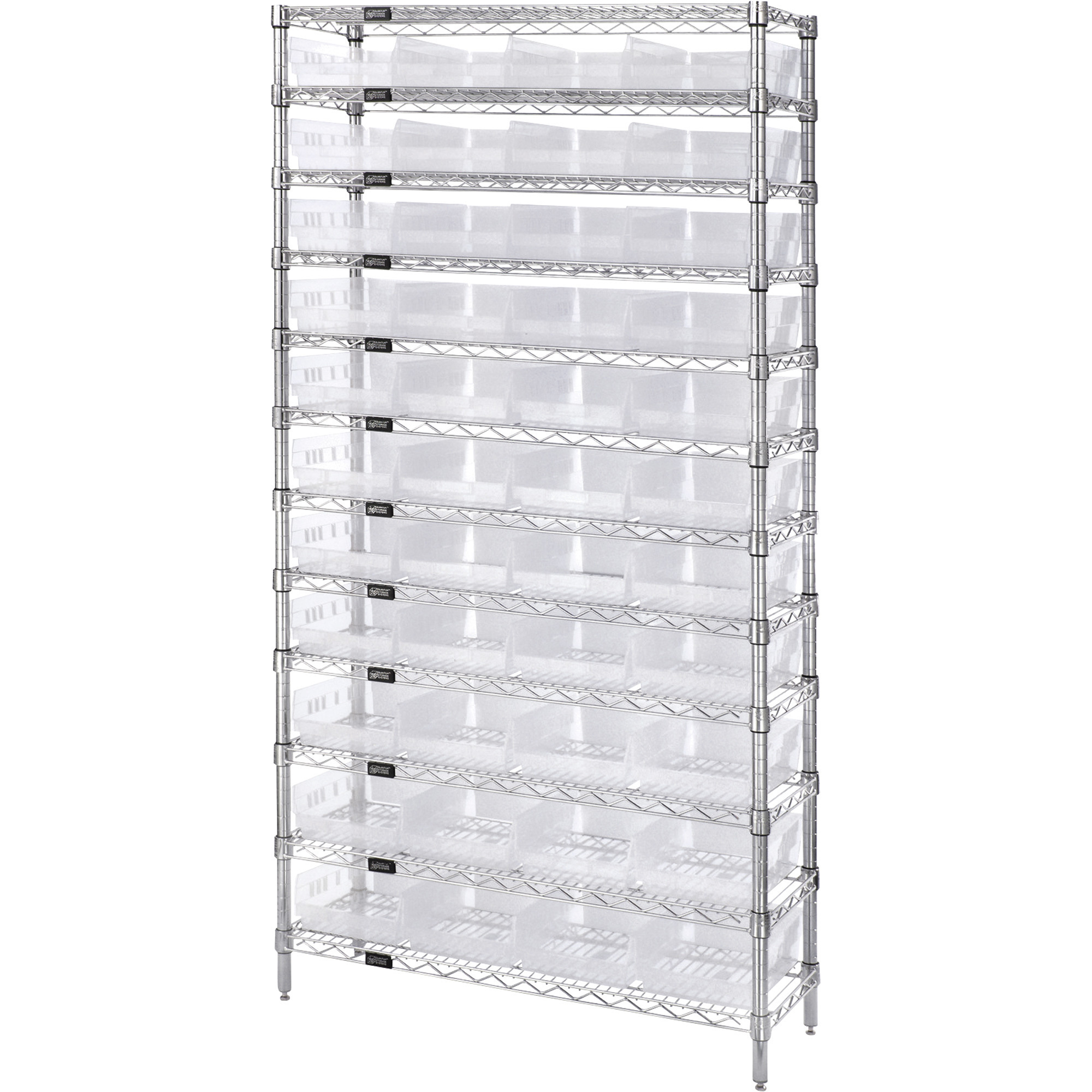 Quantum Storage Complete Single Side Wire Shelving Unit with 44 Bins, 36in.W x 18in.D x 74in.H, Clear, Model# WR12-103CL